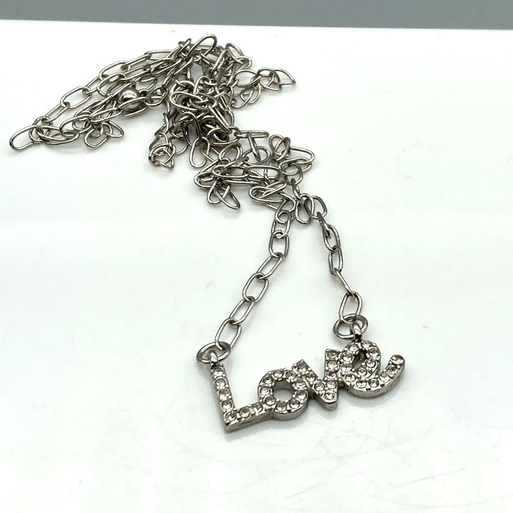 Retro Sparkle Love Spellout Necklace, Silver Tone Dainty Chain with Pave Crystal